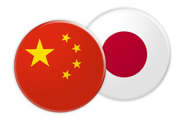 News Concept: China Flag Button On Japan Flag Button, 3d illustration on white background