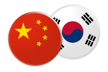 News Concept: China Flag Button On South Korea Flag Button, 3d illustration on white background