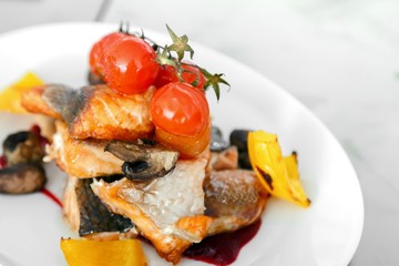 Salmon steak grilled with peppers