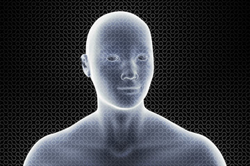Fototapeta premium transparent glowing 3d head of a man in front of a maze pattern (3d illustration)