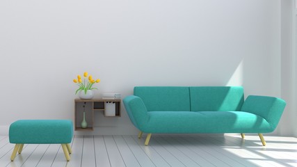 Living Room Interior with sofa, plants on empty white wall background. 3D rendering