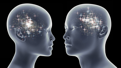 beautiful woman and handsome man with blue and pink bright stars in their heads looking at each other (conceptual 3d illustration in front of a black background)