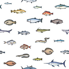 Seamless colorful pattern of marketable fish hand drawn style