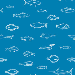 Fototapety  Bezszwowy niebieski wzór ręcznie rysowanego stylu ryb handlowych