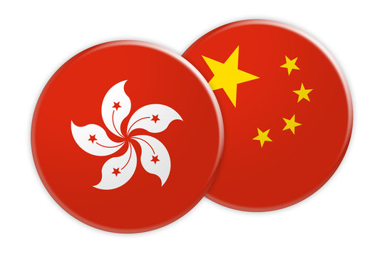 News Concept: Hong Kong Flag Button On China Flag Button, 3d Illustration On White Background