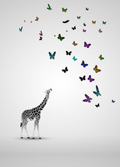 Vector silhouette of  giraffe baby looking at butterflies.