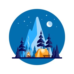 Summer camp. Night landscape with illuminated tent, forest and mountains in the background. Sport, camping, adventures in nature, vacation, and tourism vector illustration.