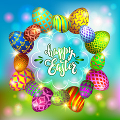 Multi colored easter eggs on a blurred blue background with the hand drawn lettering Happy Easter_2