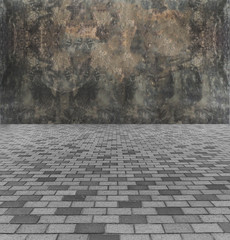 Face The Barrier Concept. Perspective View of Monotone Gray Brick Stone Street Road. Sidewalk, Pavement Texture Background with Abstract Dark Gray Concrete Wall for Interior Design or Business Concept
