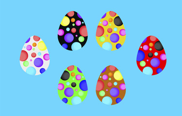 White, Yellow, Black, Red, Brown, Green speckled Easter egg on a blue background