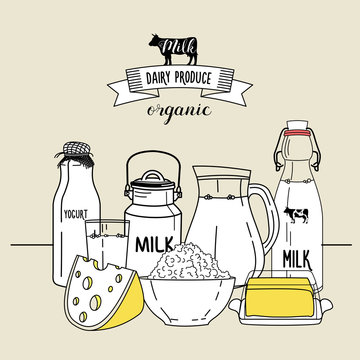 A set of healthy organic dairy products. Vector illustration.
