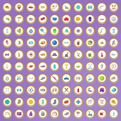 100 activity icons set in cartoon style