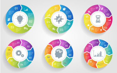Vector circle arrows for infographic. Template for cycling diagram, graph, presentation and round chart. Business concept with 3 4 5 6 7 8 options, parts, steps or processes.