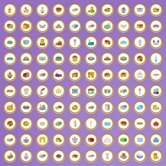 100 building icons set in cartoon style