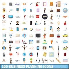 100 busness planning icons set, cartoon style