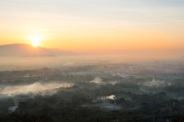 A beautiful scenery during sunrise of top view at Mandalay hill, Mandalay Myanmar