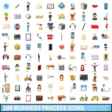 100 busness process icons set, cartoon style