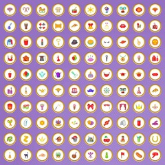 100 carnival icons set in cartoon style