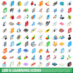 100 e-learning icons set, isometric 3d style