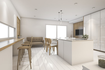 3d rendering white kitchen with bar and dining zone