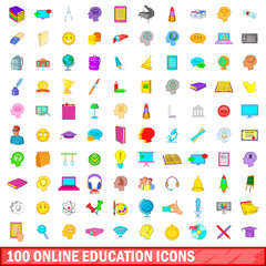 100 online education icons set, cartoon style