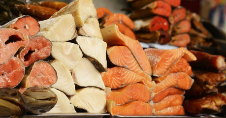 Farmer's market -  assortment fish salted and smoked red and white (salmon, balyk)