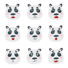 Vector set with sweet panda bear emotion faces isolated on white