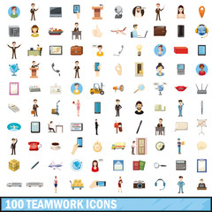 100 teamwork icons set, cartoon style