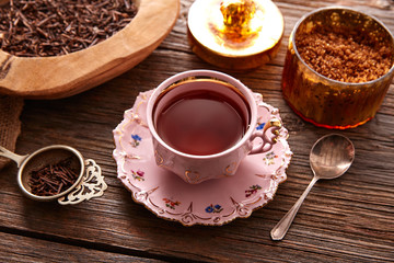 kukicha tea served pink vintage cup