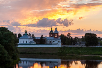 View on the Holy Spirit Monastery in sunset in Borovichi, Russia