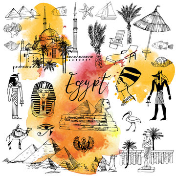 Hand drawn vector set of Egypt. 