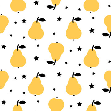 Yellow pear seamless vector pattern with stars on white. Scandinavian style fruit pattern.