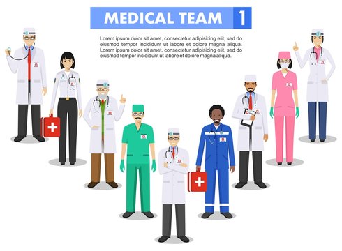 Medical concept. Detailed illustration of doctor and nurses in flat style isolated on white background. Practitioner doctors man and woman standing in different positions. Vector illustration.