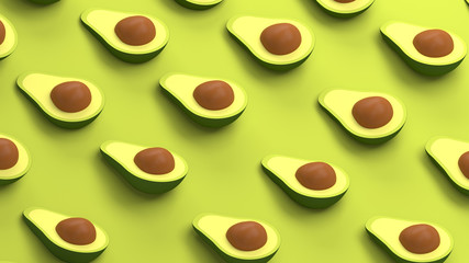 Avocado collection on a green background 3d rendering