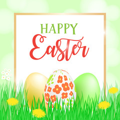 Happy Easter card, banner, flyer, invitation template. Painted eggs in fresh green grass, bright flowers and lettering