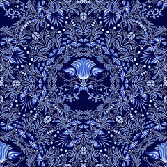 Dark blue floral seamless pattern of circular ornaments with elements of folk gzhel style or Chinese porcelain painting.