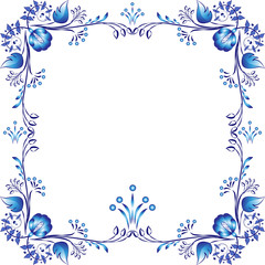 Square blue floral frame. Styling elements based on Chinese or Russian porcelain painting. Decorative element isolated on white background.