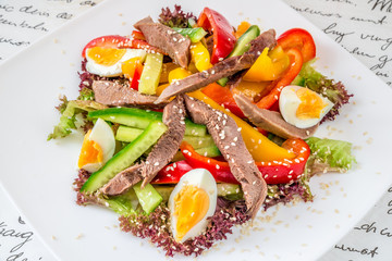 Rectangular strips of meat, egg vegetables in sesame