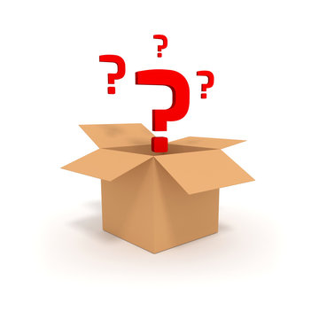 Surprise in a box 3D illustration. Open cardboard box with question mark.