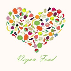 Typography banner Vegan Food. Shape heart from line colorful fruit and vegetables stock vector illustration