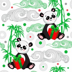 Seamless baby pattern with the Panda and cane