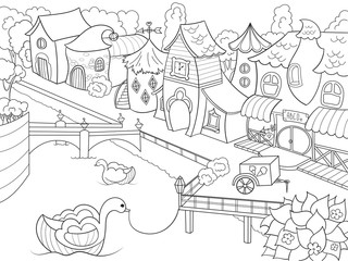 Children coloring vector fairy city with river