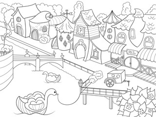 Obraz premium Children coloring vector fairy city with river