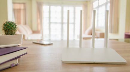 wireless router on living room at home - obrazy, fototapety, plakaty