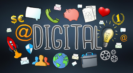 Hand-drawn multimedia technology digital text with icons