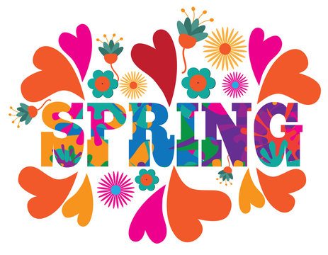Sixties style mod pop art psychedelic colorful spring text design. For celebration of the spring season. EPS 10 vector.