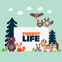 Funny illustration presenting cute wild animals in forest with copy space