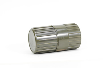 Cylindrical shape plastic container on white background