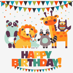 Happy birthday - lovely vector card with funny animals in bright colors