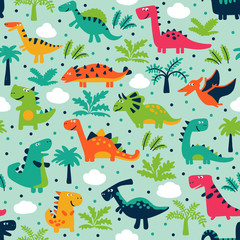Adorable seamless pattern with funny dinosaurs in cartoon